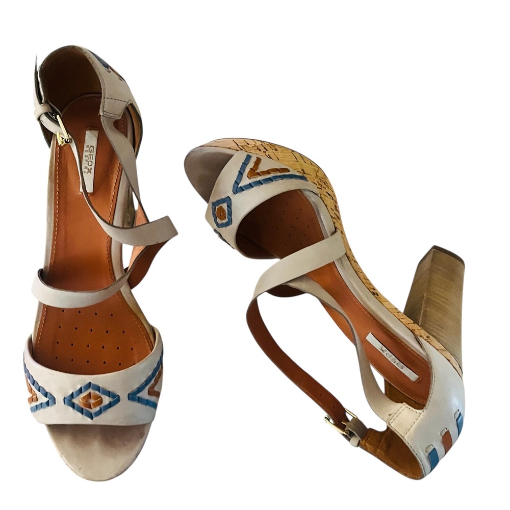 Geox Platform Sandals Block Heel Ankle Strap Leather Beige Size 7.5 - Picture 2 of 6